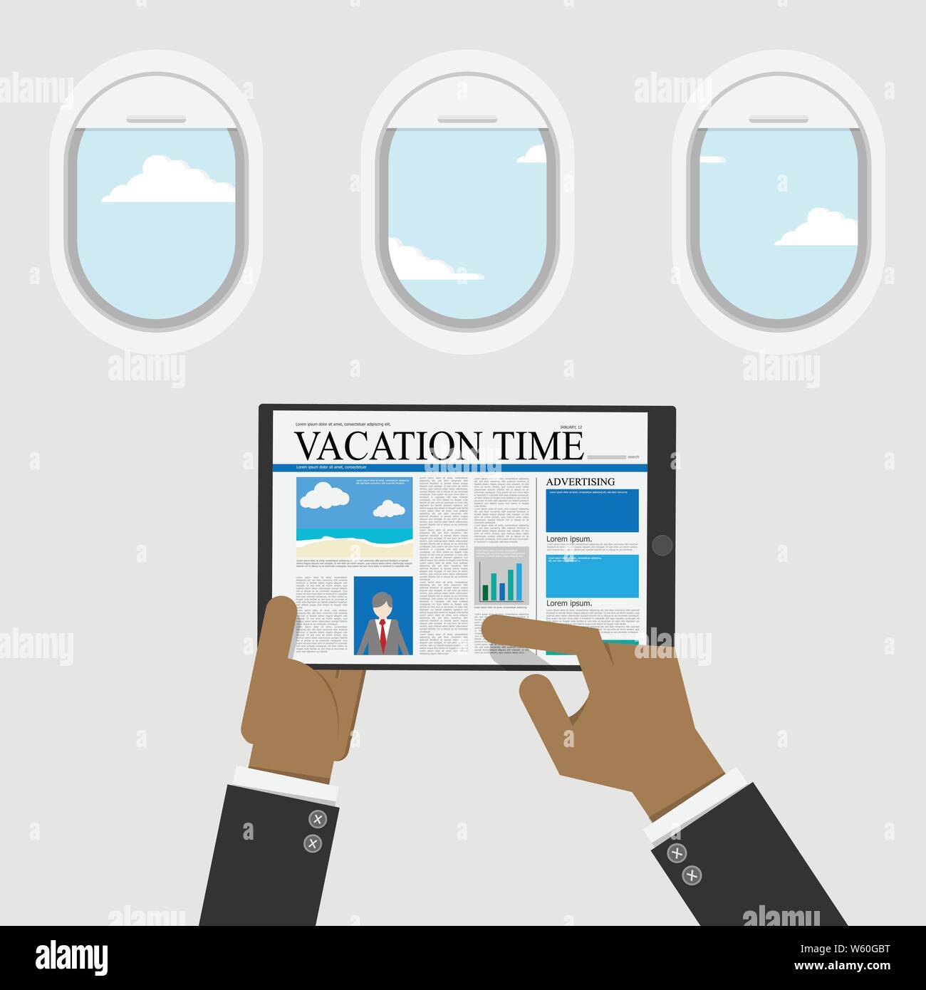 businessman use digital tablet for reading content about vacation time for travel information,plane window with sky view at background. vector illustr Stock Vector