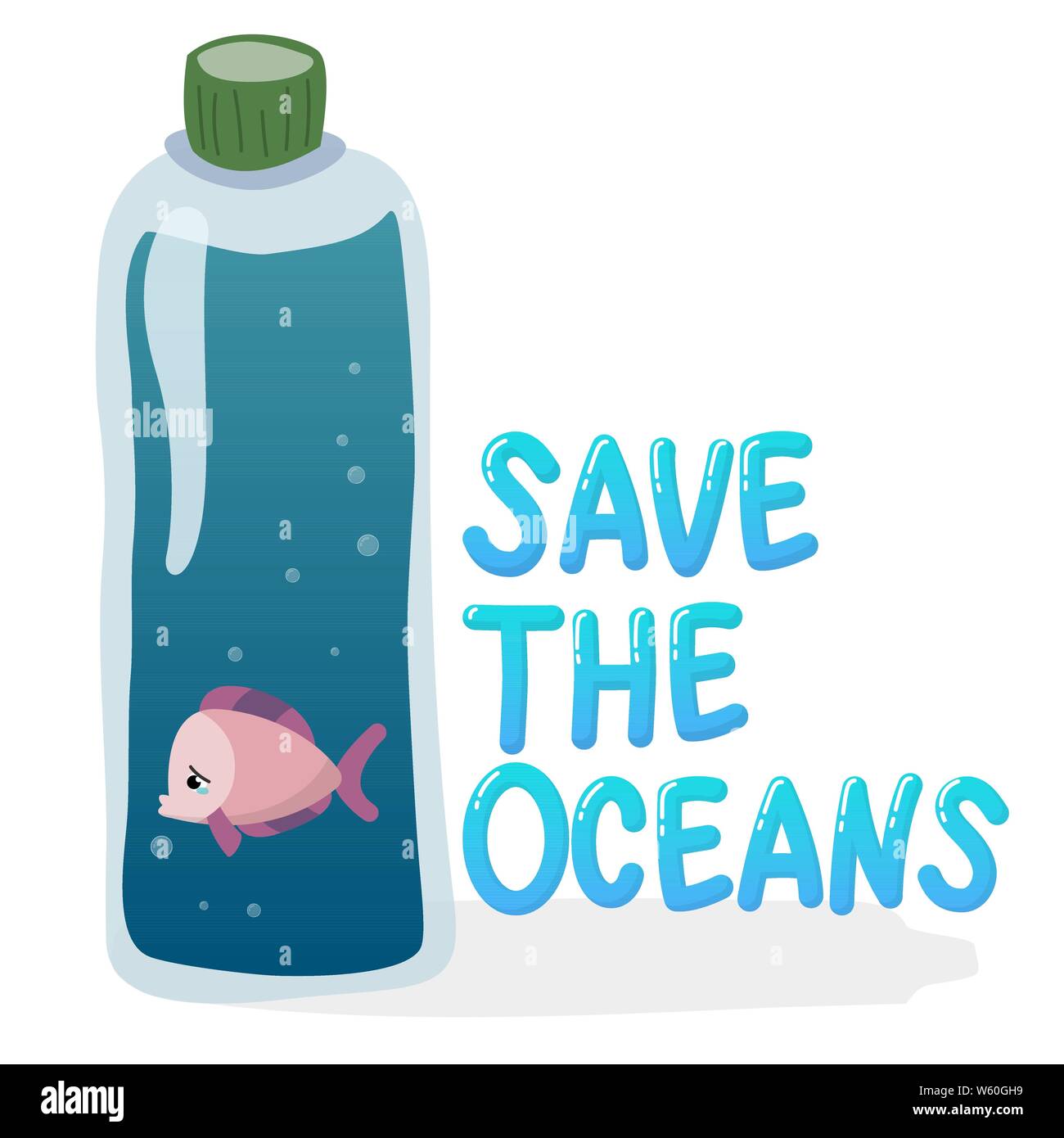 plastic pollution in ocean environmental problem concept.  poor fish swim inside plastic bottle with text save the oceans Stock Vector