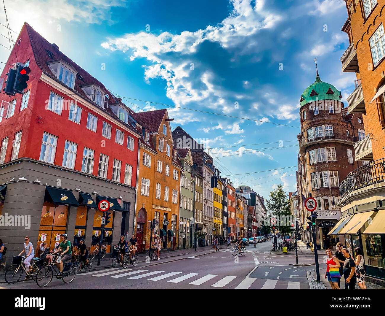 July 29, 2019: Copenhagen, Denmark: Beautiful Kobmagergade street view of Copenhagen city center on a fine summer day Stock Photo