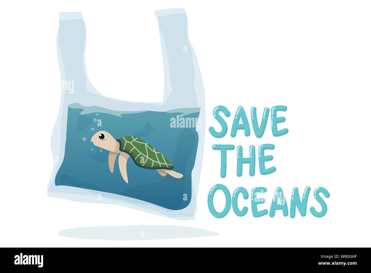 plastic pollution in ocean environmental problem concept.  poor turtle swim inside plastic bag with text save the oceans Stock Vector