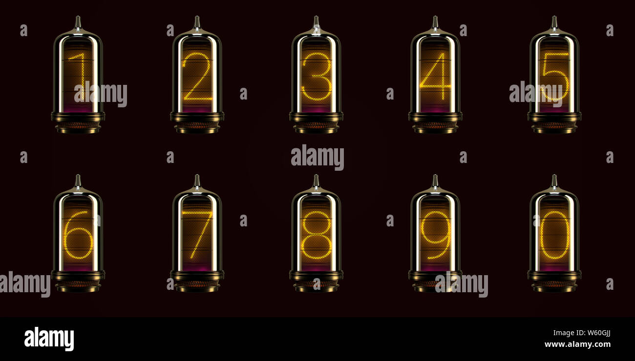 full set of numbers on vintage indicator lights gas lamps. Steampunk Dieselpunk Art Deco 3d Render Stock Photo