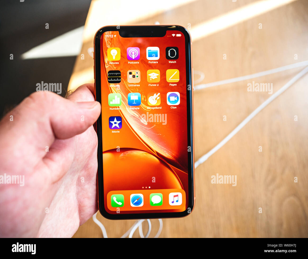 Paris France Oct 26 2018 Man Hand Holding Latest Iphone Xr