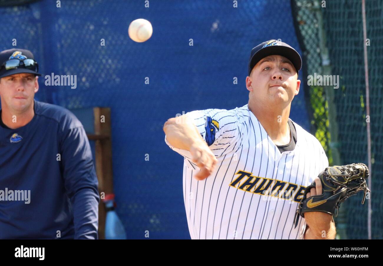 July 30, 2019, Trenton, New Jersey, U.S: Pitching coach TIM NORTON watches  pitcher GREG WEISSERT of the Trenton Thunder warming up in the bullpen  before a game vs. the Altoona Curve. There