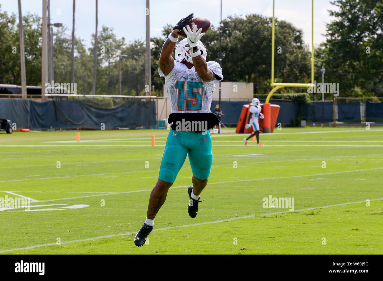 East Rutherford, New Jersey, USA. 8th Dec, 2019. Miami Dolphins wide  receiver Albert Wilson (15) reacts after making a great catch before a hard  hit by New York Jets free safety Marcus