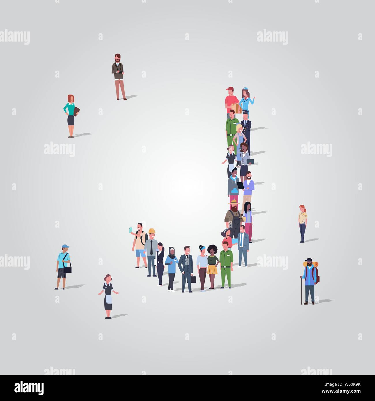 Big People Crowd Gathering In Shape Letter J Different Occupation 