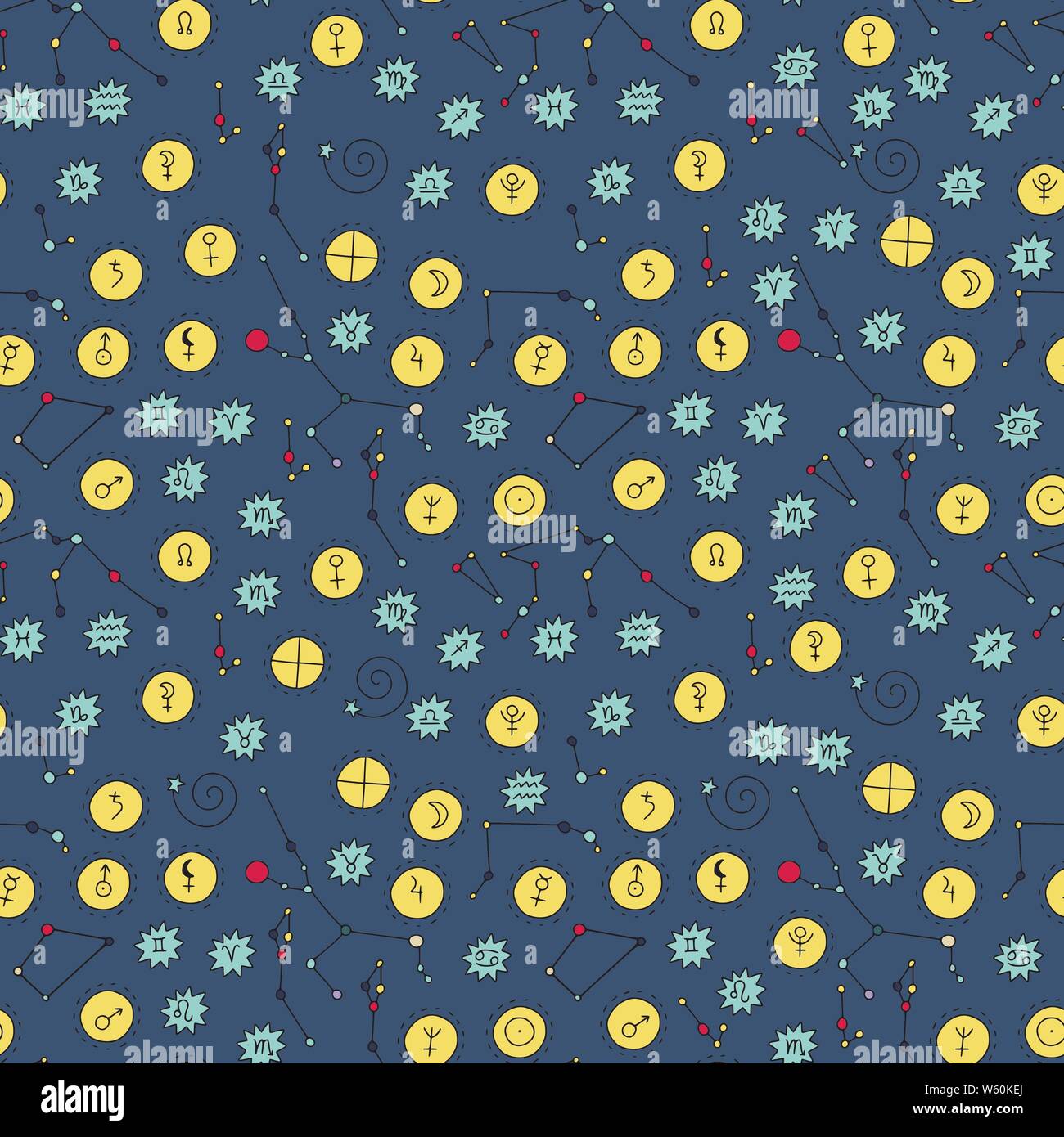 Seamless vector pattern with cosmos doodle illustrations. Astrology handdrawn elements. Stock Vector