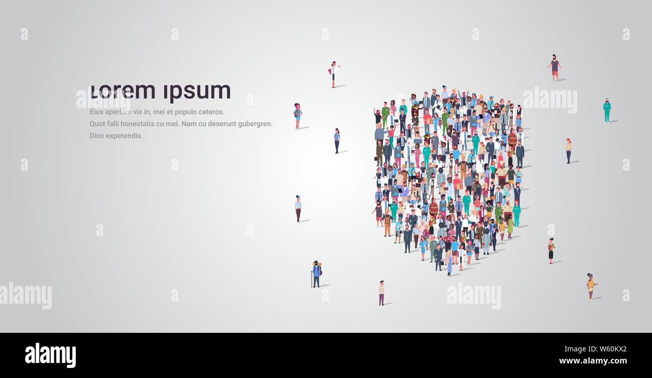 people crowd gathering in shield icon shape social media community ...