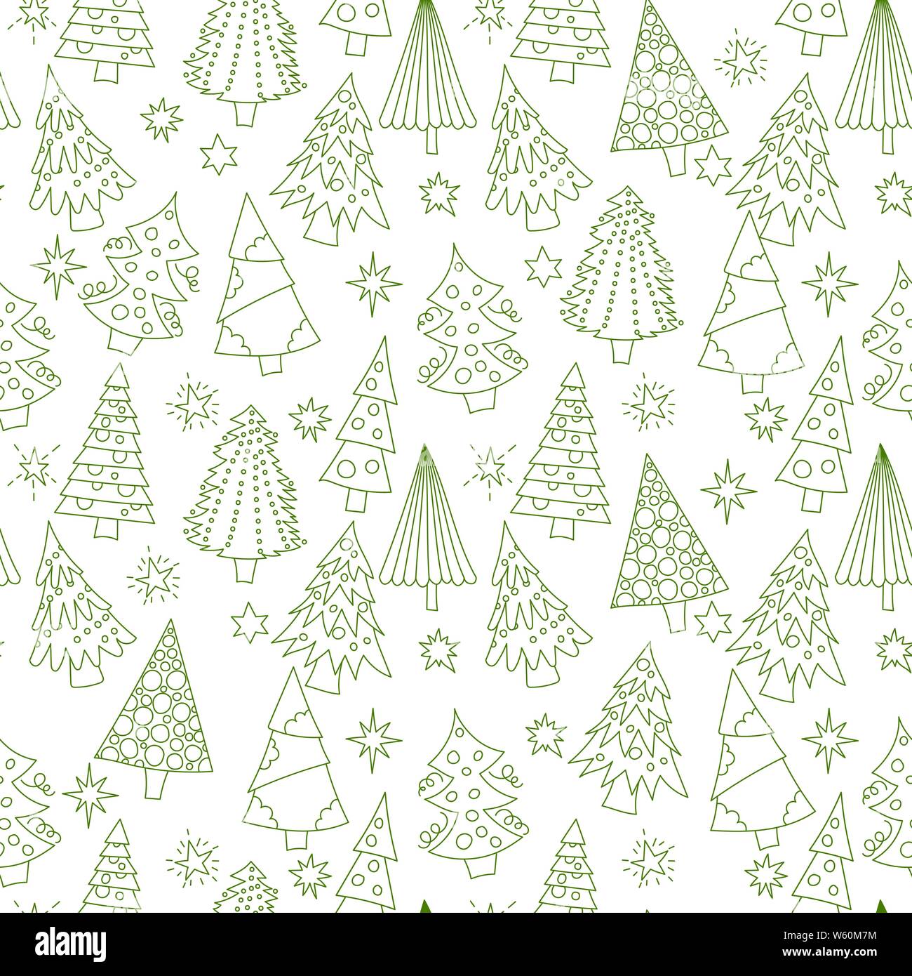 Vector Christmas seamless pattern with outline doodle Christmas trees ...