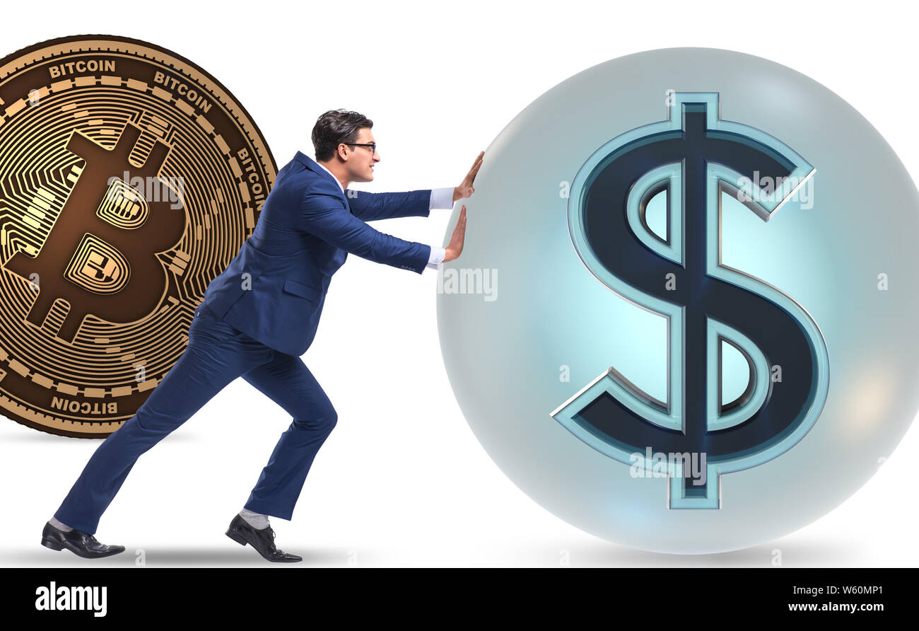 The businessman pushing bitcoin in cryptocurrency blockchain concept ...