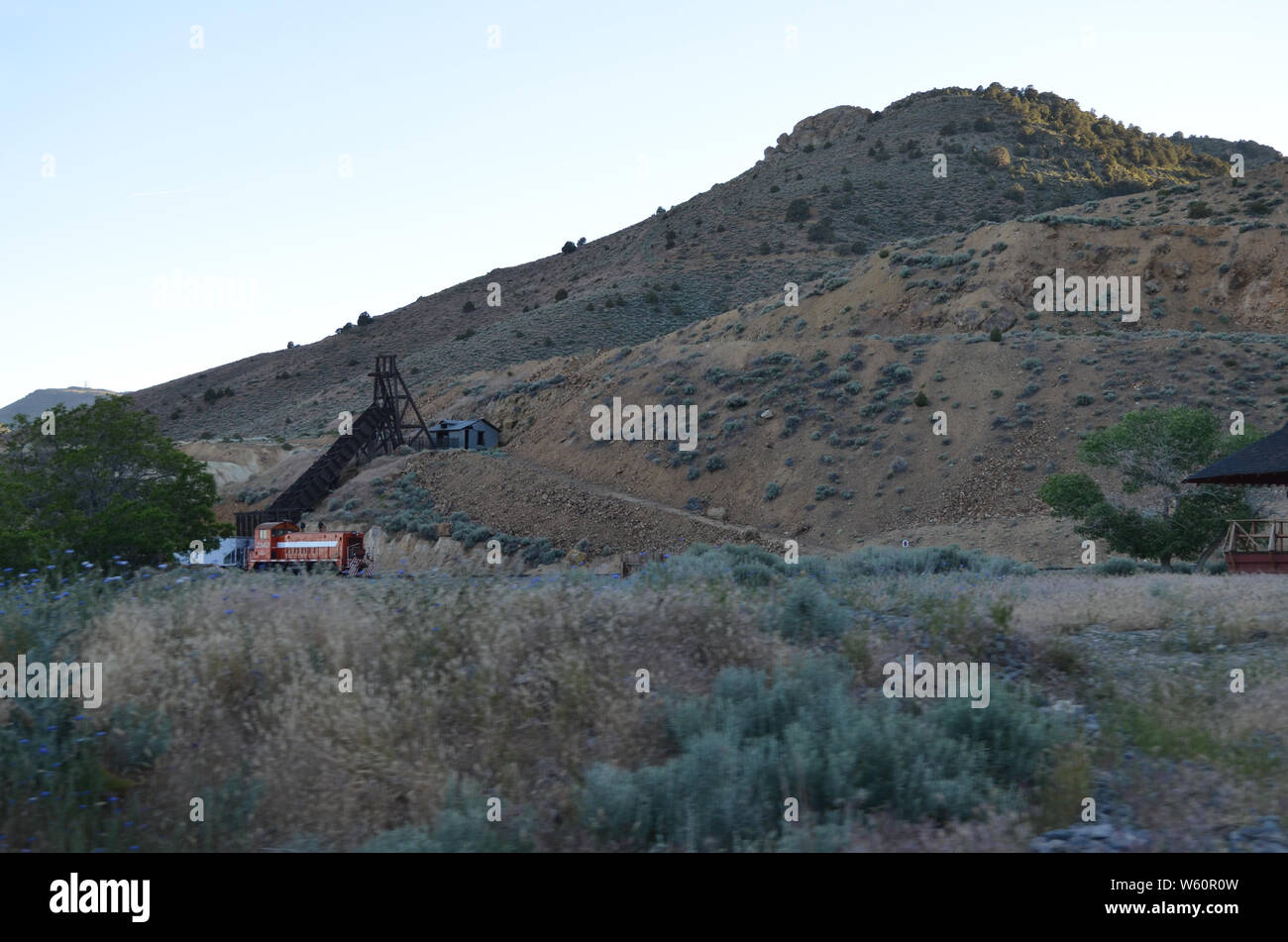 Late Spring in Nevada: Locomotive and Old Mine Near Virginia City Stock Photo