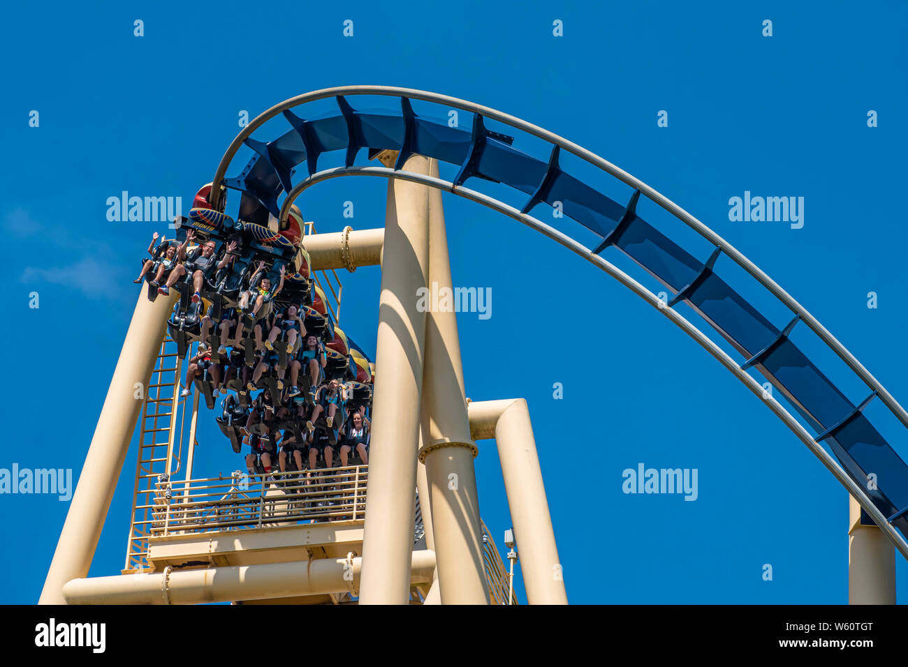 Tampa Bay, Florida. July 12, 2019. Top view of people enjoying Montu rollercoaster at Busch Gardens Stock Photo