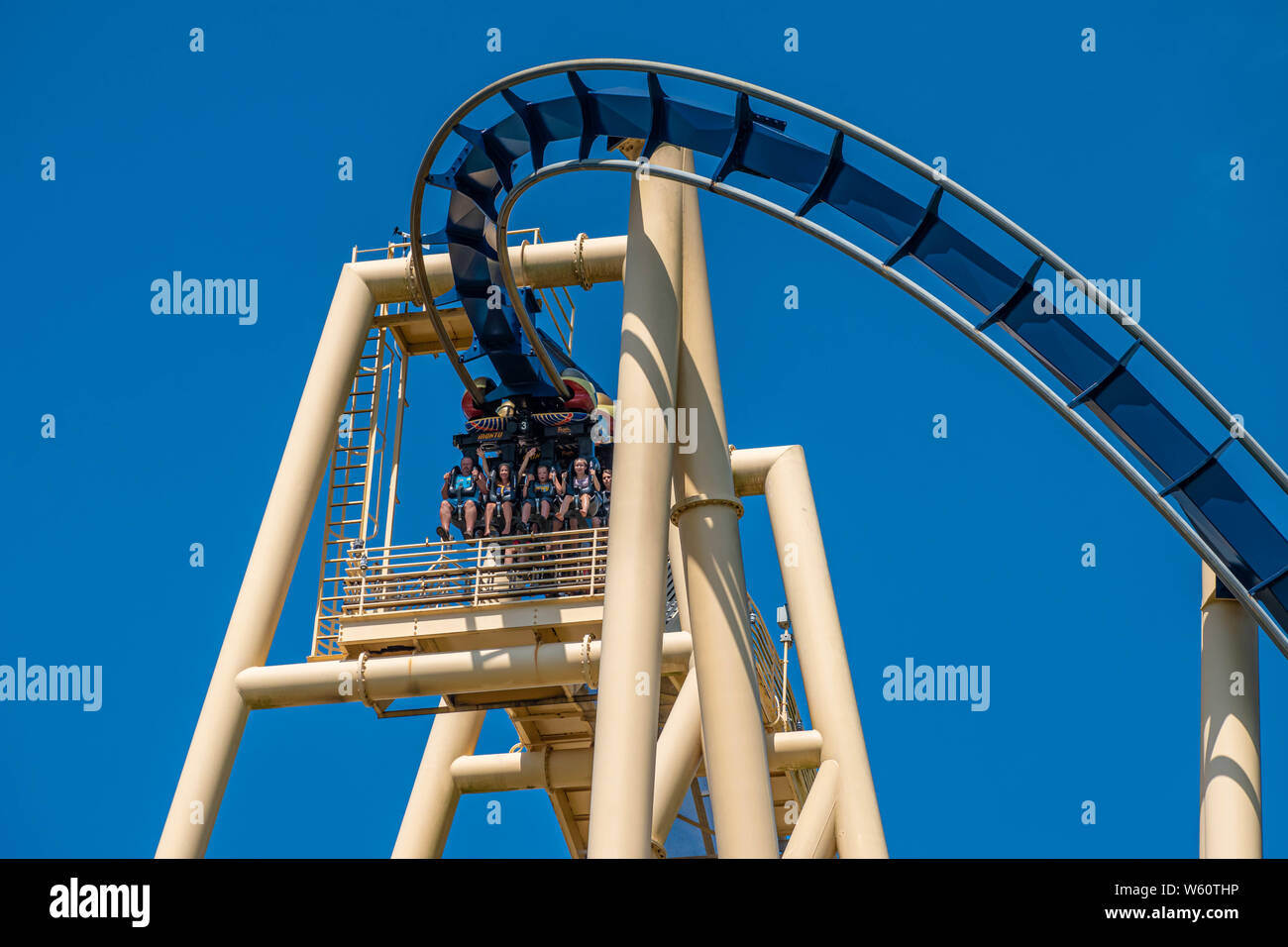 Tampa Bay, Florida. July 12, 2019. Top view of people enjoying Montu rollercoaster at Busch Gardens Stock Photo