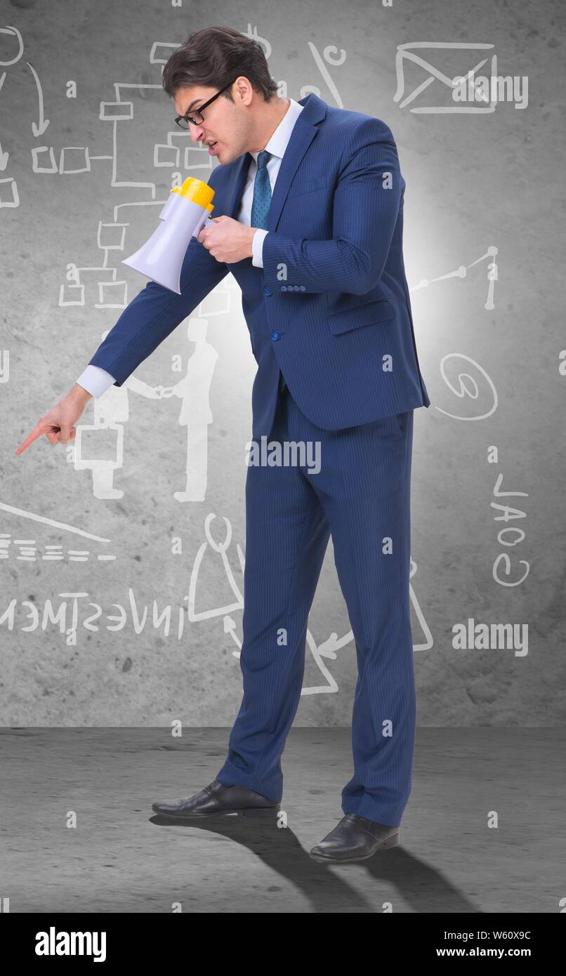 The bad angry boss shouting at employee with loudspeaker Stock Photo ...