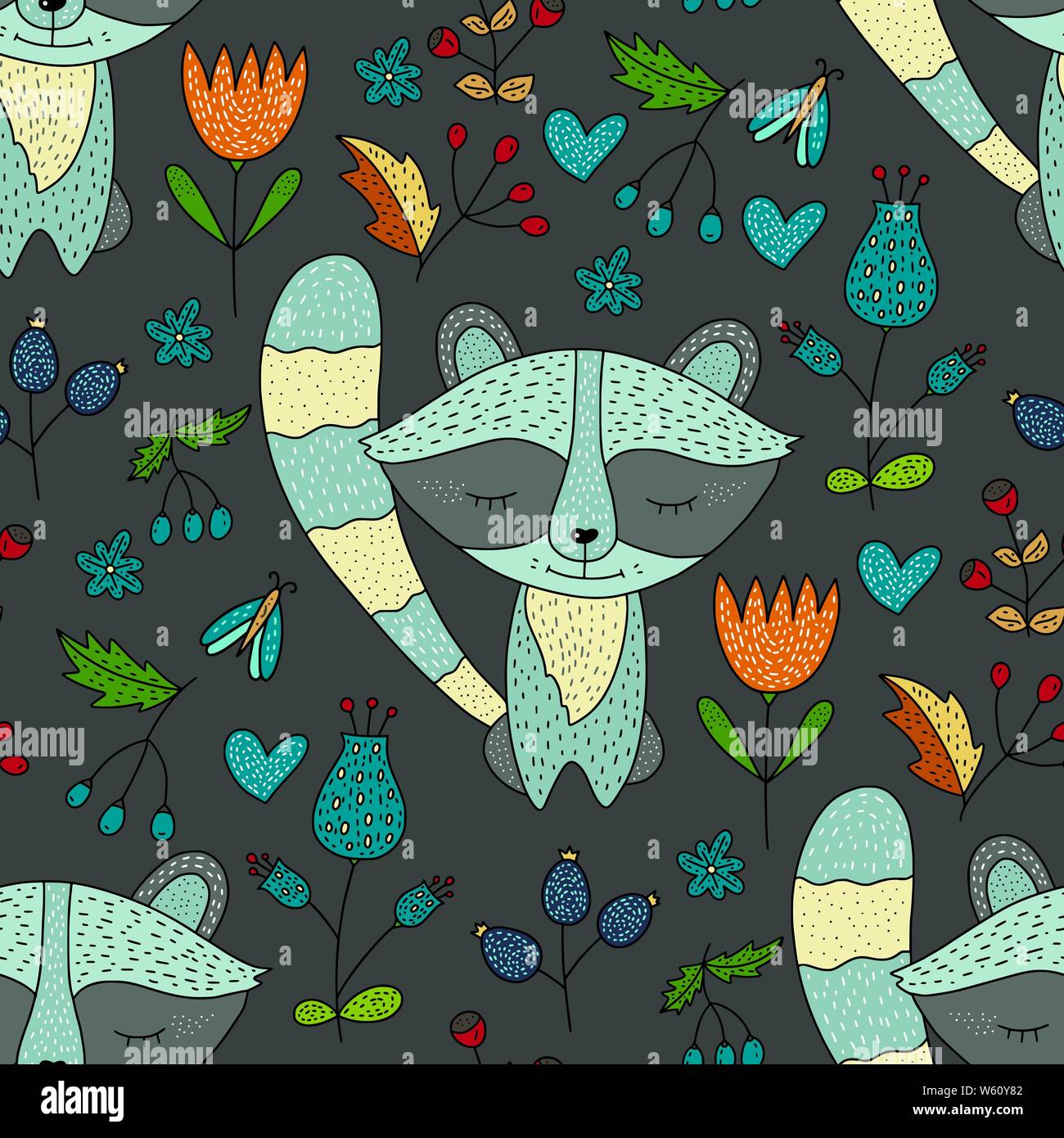 Seamless vector forest pattern with cute color illustrations - sleeping ...