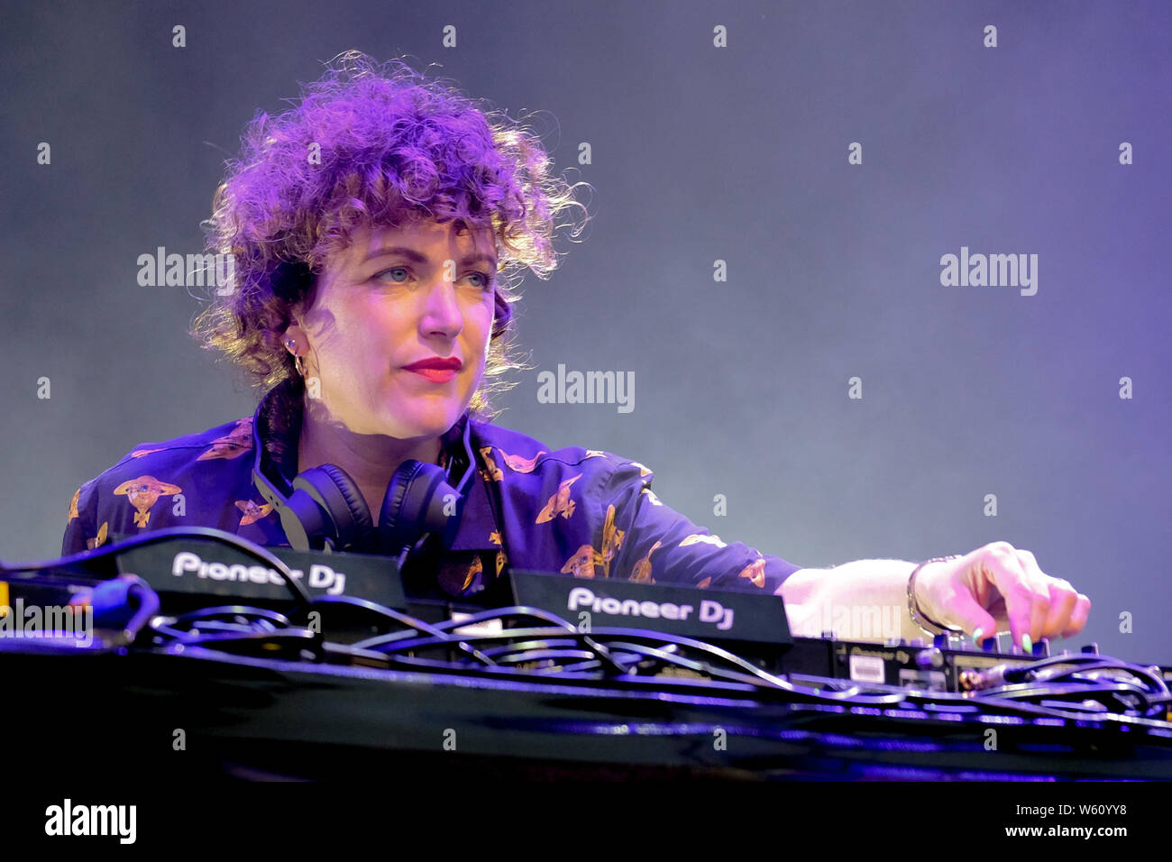 Irish DJ and BBC electronic dance music radio 1 show host Annie MacManus ,  aka Annie Mac, performing DJ set live on stage at Camp Bestival , family  music and arts festival