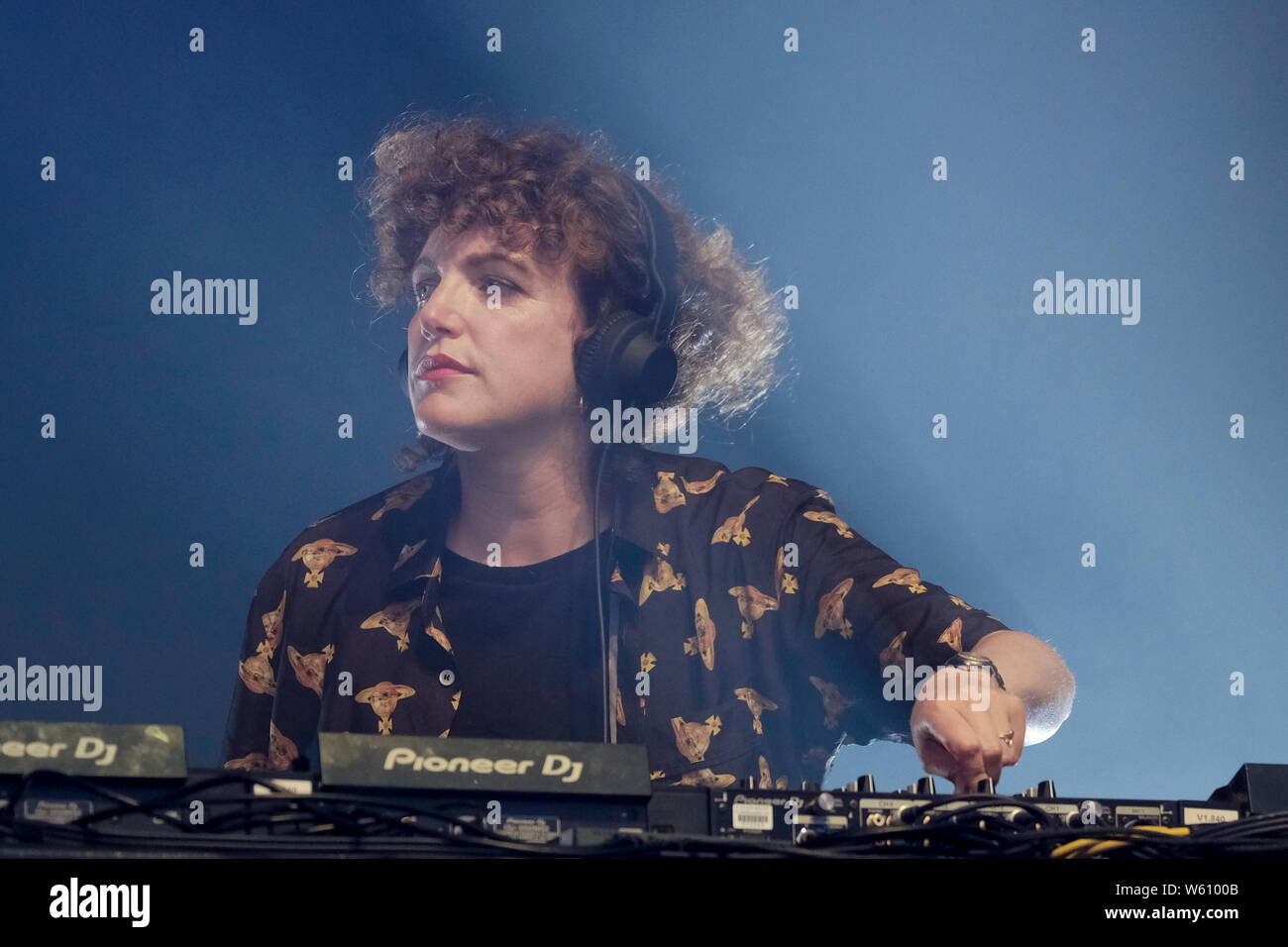 Irish DJ and BBC electronic dance music radio 1 show host Annie MacManus ,  aka Annie Mac, performing DJ set live on stage at Camp Bestival , family  music and arts festival