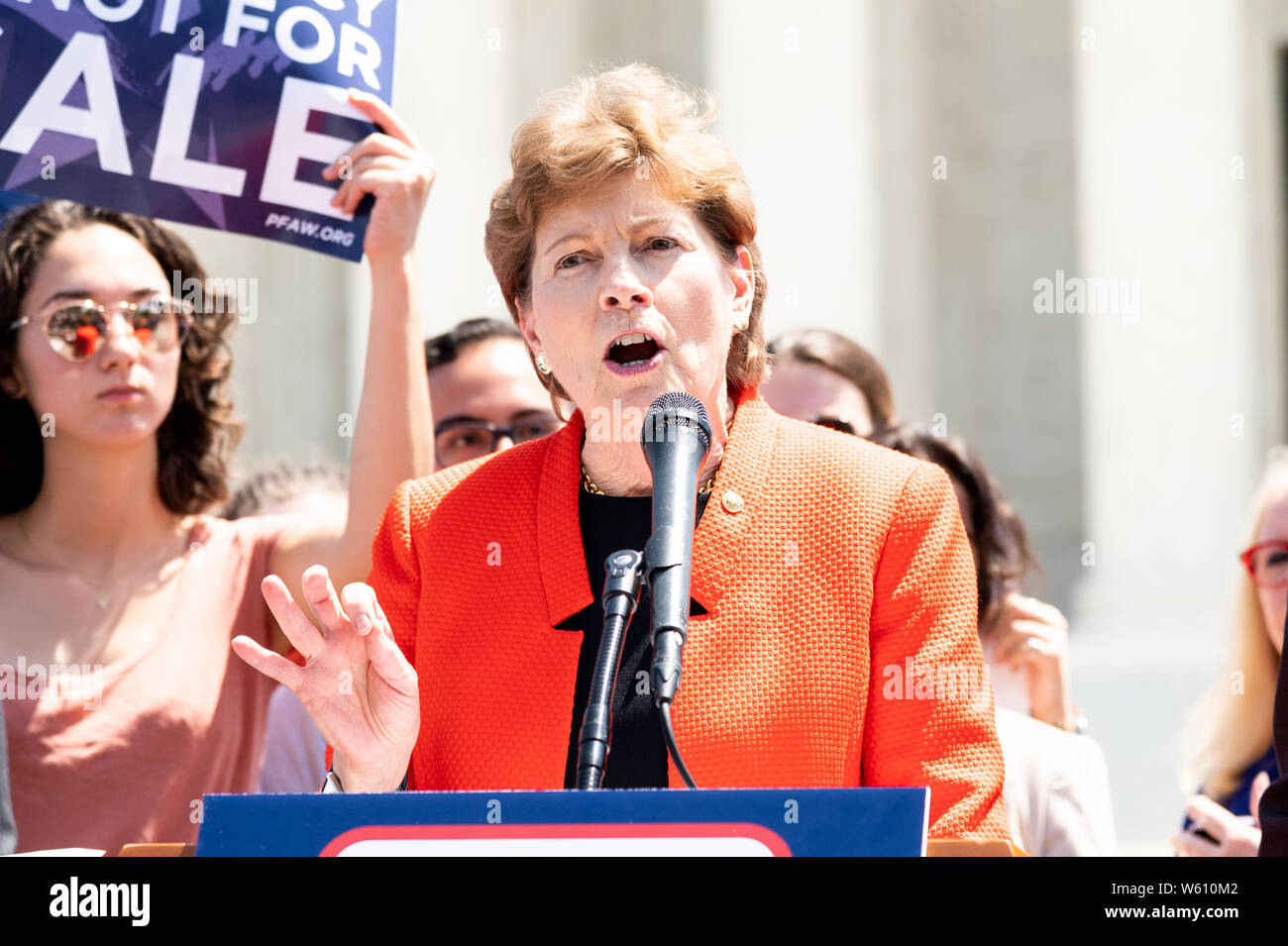 U.S. Senator Jeanne Shaheen (D-NH) speaks during an event with Senate Democrats to unveil a constitutional amendment to overturn Citizens United in front of the U.S. Supreme Court in Washington, DC. Stock Photo