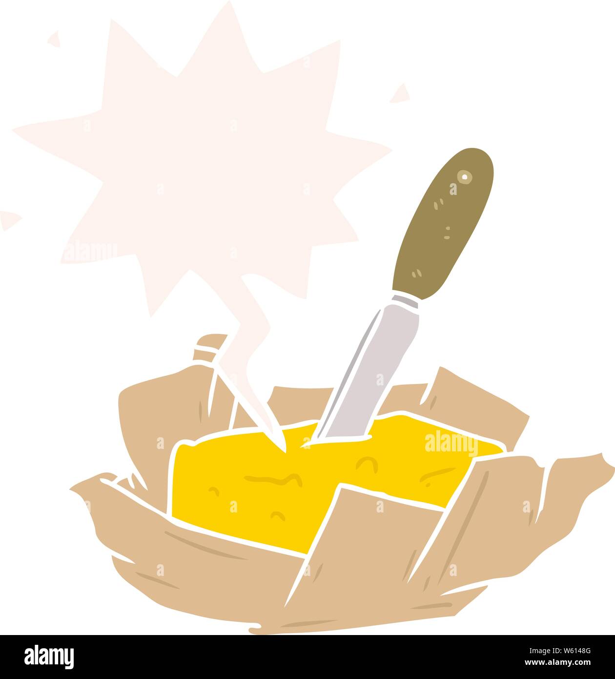 cartoon traditional pat of butter with knife with speech bubble in