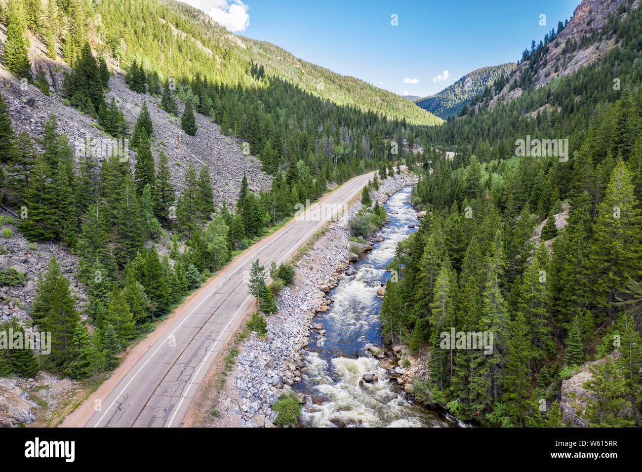 Cache la Poudre River and highway at Poudre Falls aerial view in