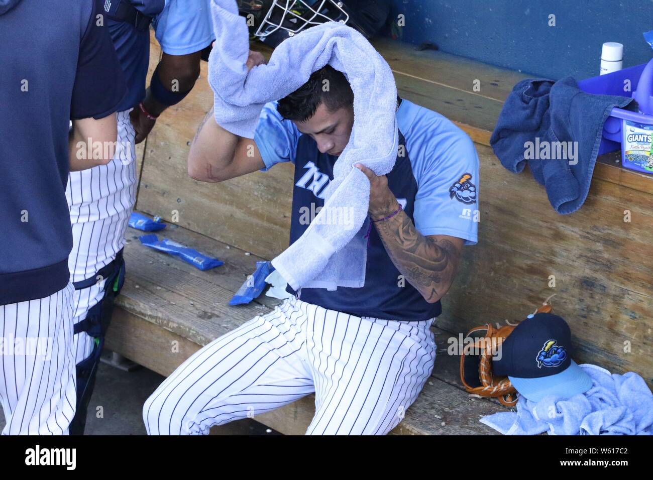 Trenton, New Jersey, USA. 30th July, 2019. New York Yankees pitcher JONATHAN  LOAISIGA, seen here in the Trenton Thunder dugout at ARM & HAMMER Park,  pitched two innings for the Thunder in