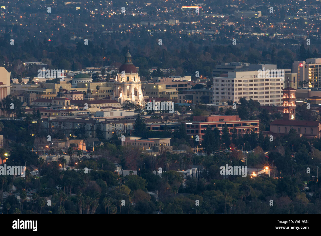 View from above of Pasadena in California. The landmark Pasadena City Hall and Saint Andrew catholic church are shown in the middle ground. Stock Photo