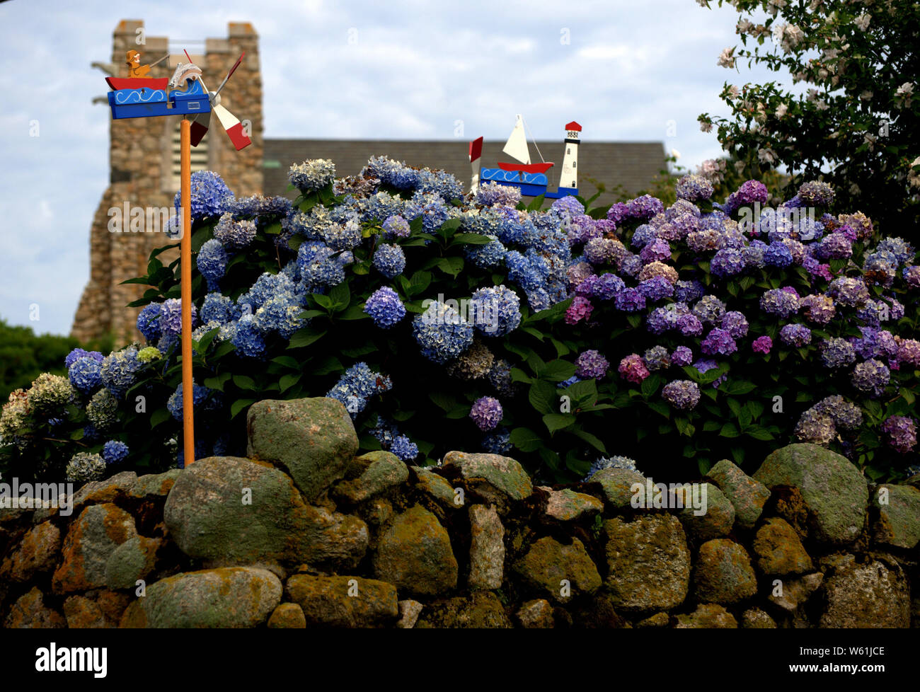 Hydrangea bush with windmill whirligigs in a garden on stone rocks Stock Photo