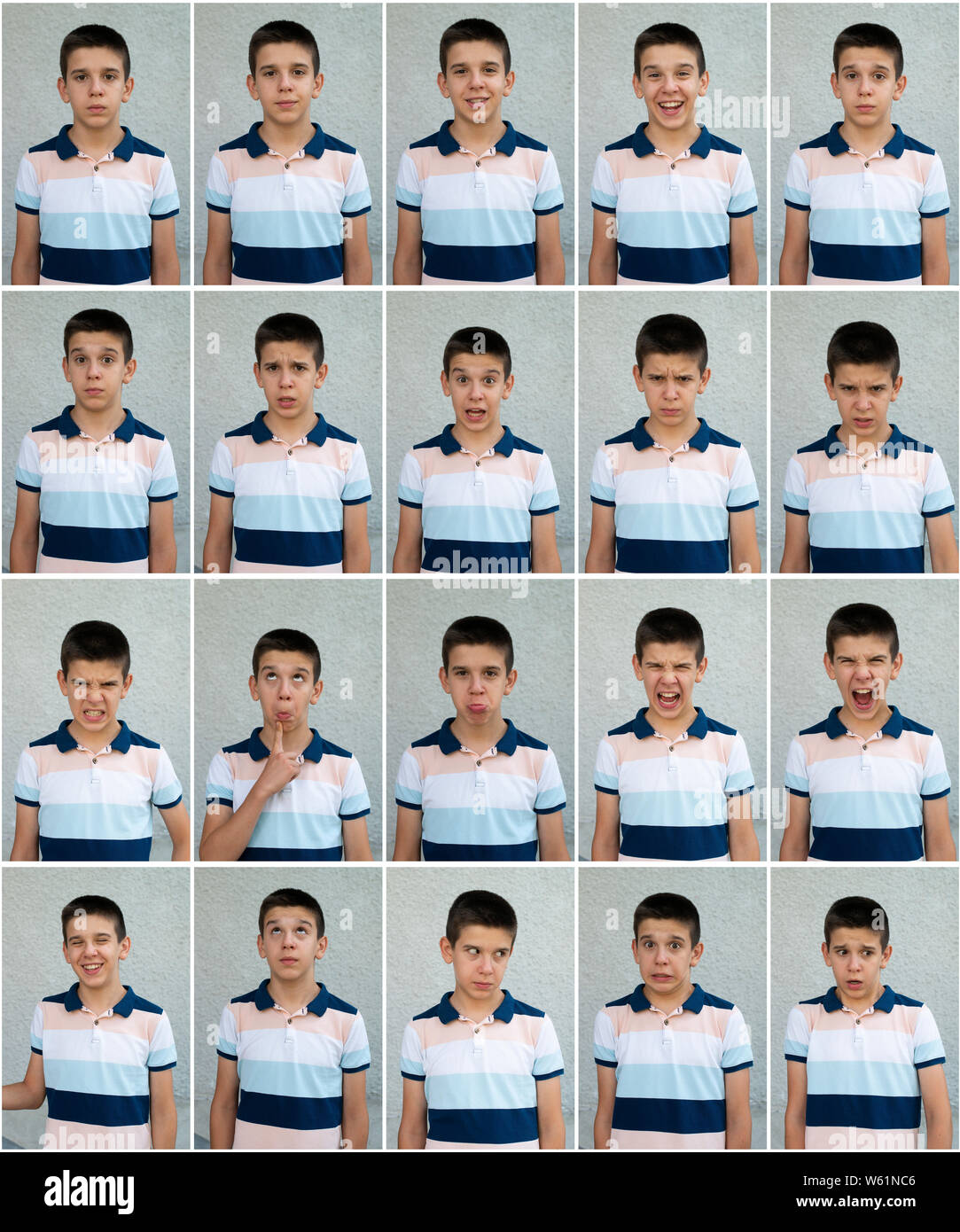 Child faces. Many faces showing emotions and expressions. Teenager face countenance. Stock Photo