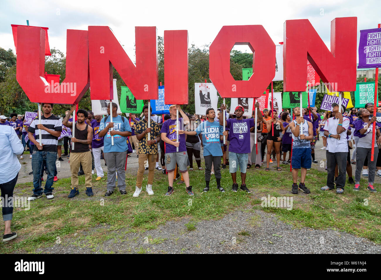 Detroit, Michigan USA - 30 July 2019 - Activists, including many union members, rallied outside the first night of the Democratic Presidential Debate. Stock Photo