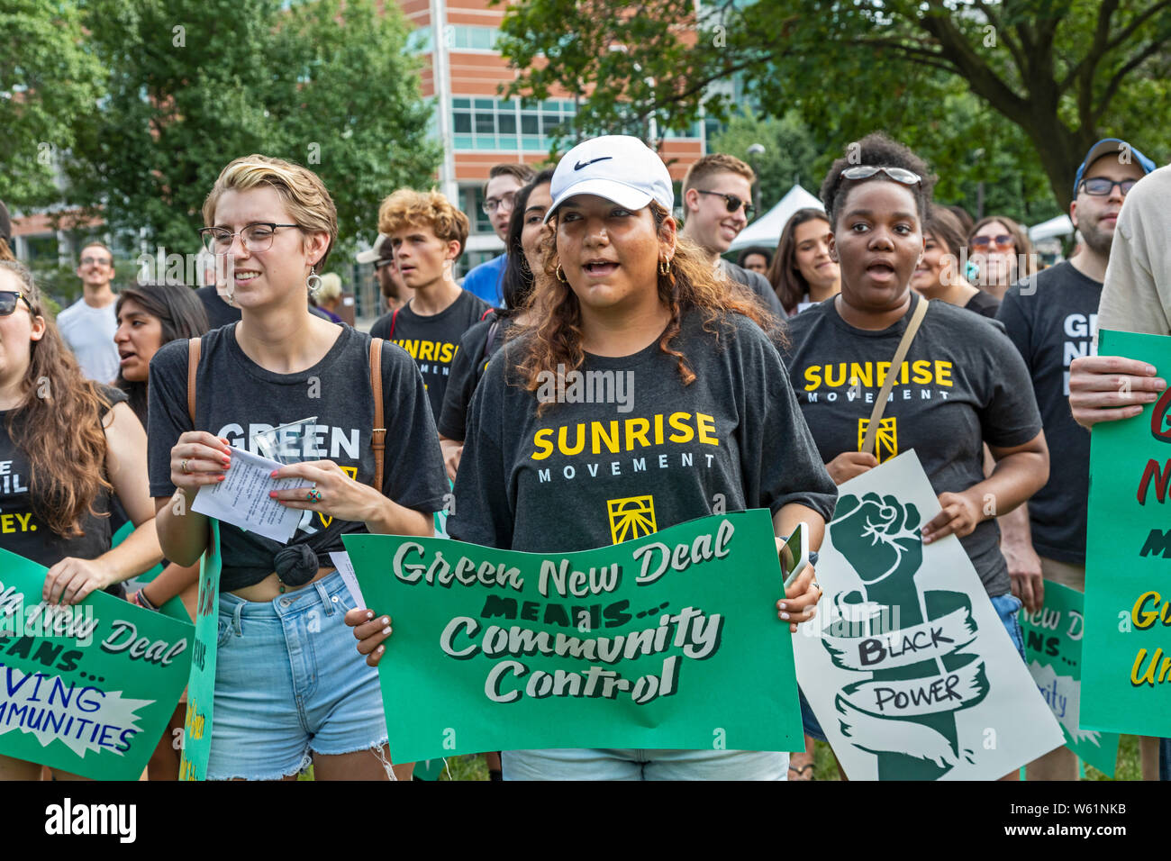 Detroit, Michigan USA - 30 July 2019 - Activists, including many of from the Sunrise Movement, rallied outside the first night of the Democratic Presi Stock Photo