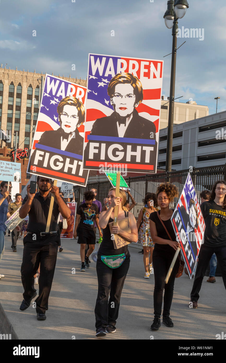 Detroit, Michigan USA - 30 July 2019 - Activists, including some supporters of Senator Elizabeth Warren, rallied outside the first night of the Democr Stock Photo