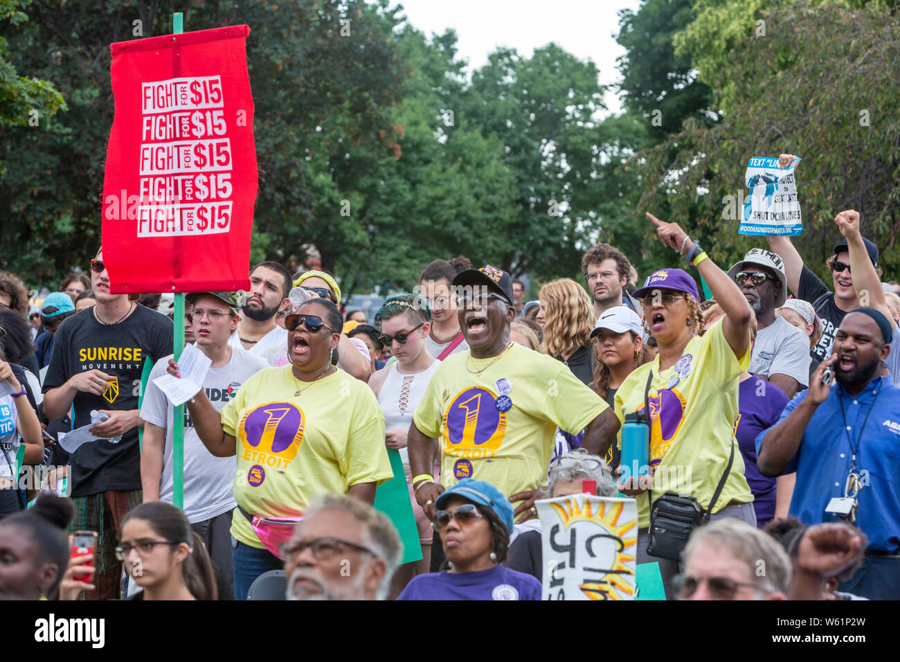Detroit, Michigan USA - 30 July 2019 - Activists, including many union members, rallied outside the first night of the Democratic Presidential Debate. Stock Photo