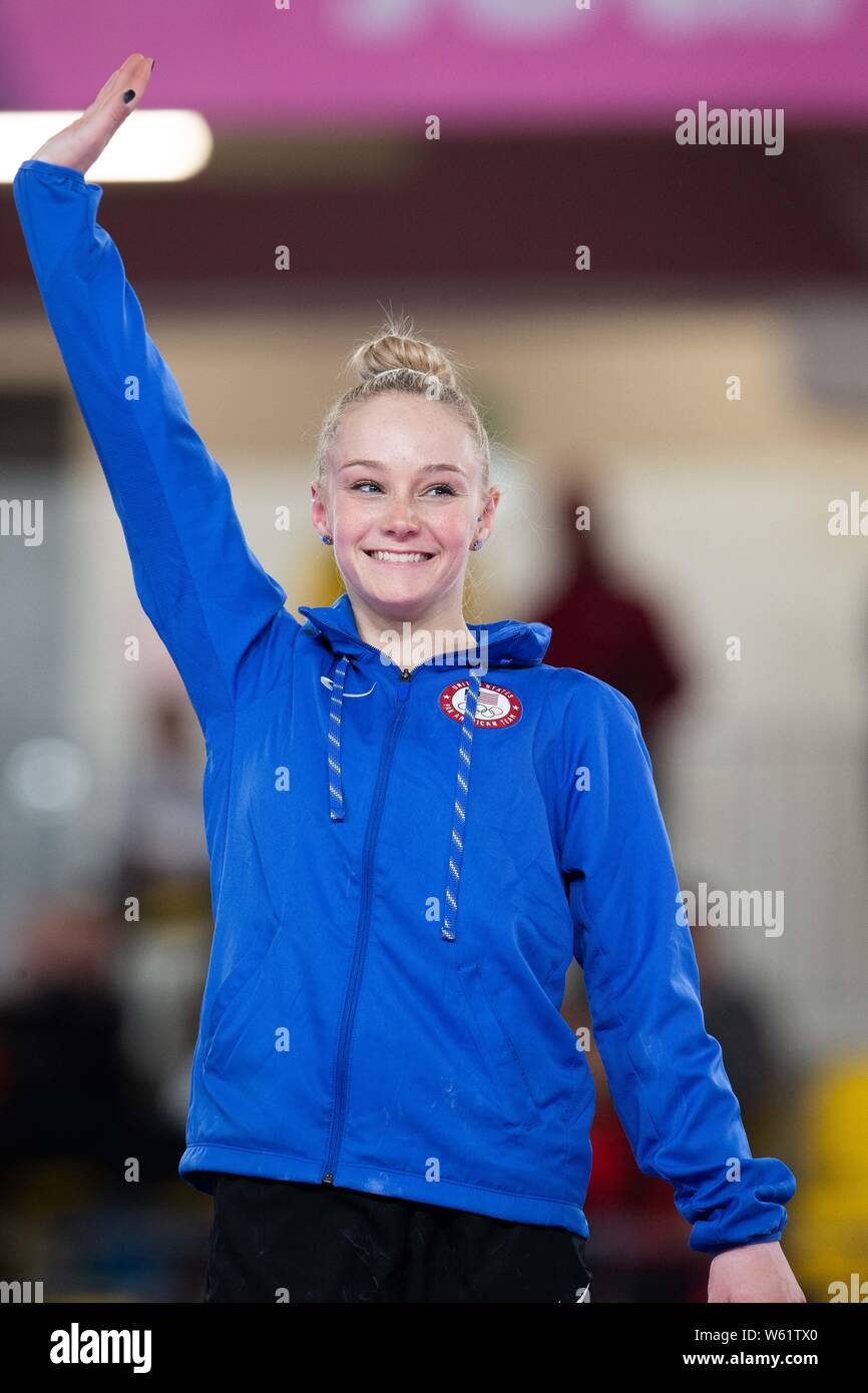 July 30, 2019: Riley McCusker (#58) of United States salutes the crowd from the podium after winning the gold medal in the uneven bars final at the Pan American Games Artistic Gymnastics Apparatus Finals at Polideportivo Villa el Salvador in Lima, Peru Daniel Lea/CSM Stock Photo