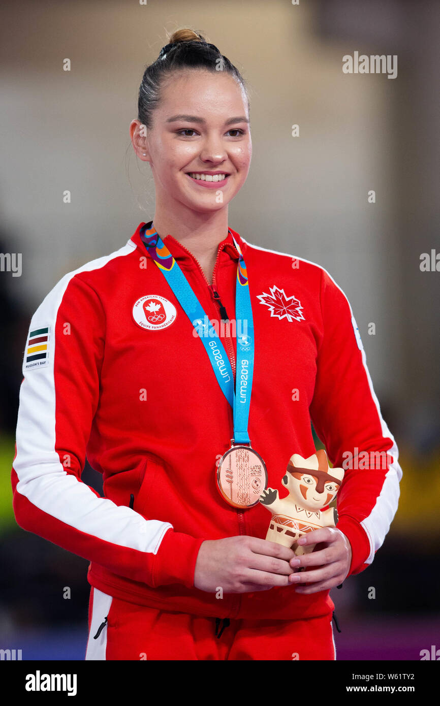 July 30, 2019: Shallon Olsen (#15) of Canada on the podium after winning the bronze medal on vault apparatus during the Pan American Games Artistic Gymnastics Apparatus Finals at Polideportivo Villa el Salvador in Lima, Peru Daniel Lea/CSM Stock Photo