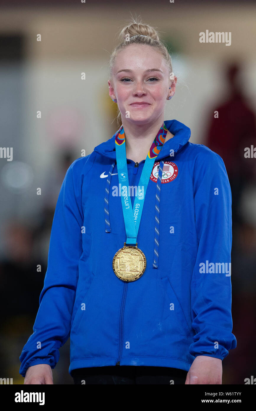 July 30, 2019: Riley McCusker (#58) of United States at the podium after winning the gold medal in the uneven bars final at the Pan American Games Artistic Gymnastics Apparatus Finals at Polideportivo Villa el Salvador in Lima, Peru Daniel Lea/CSM Stock Photo
