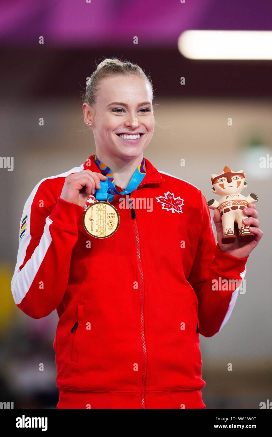 July 30, 2019: Ellie Black (#13) of Canada on the podium after winning the gold medal in the vault final at the Pan American Games Artistic Gymnastics Apparatus Finals at Polideportivo Villa el Salvador in Lima, Peru Daniel Lea/CSM Stock Photo
