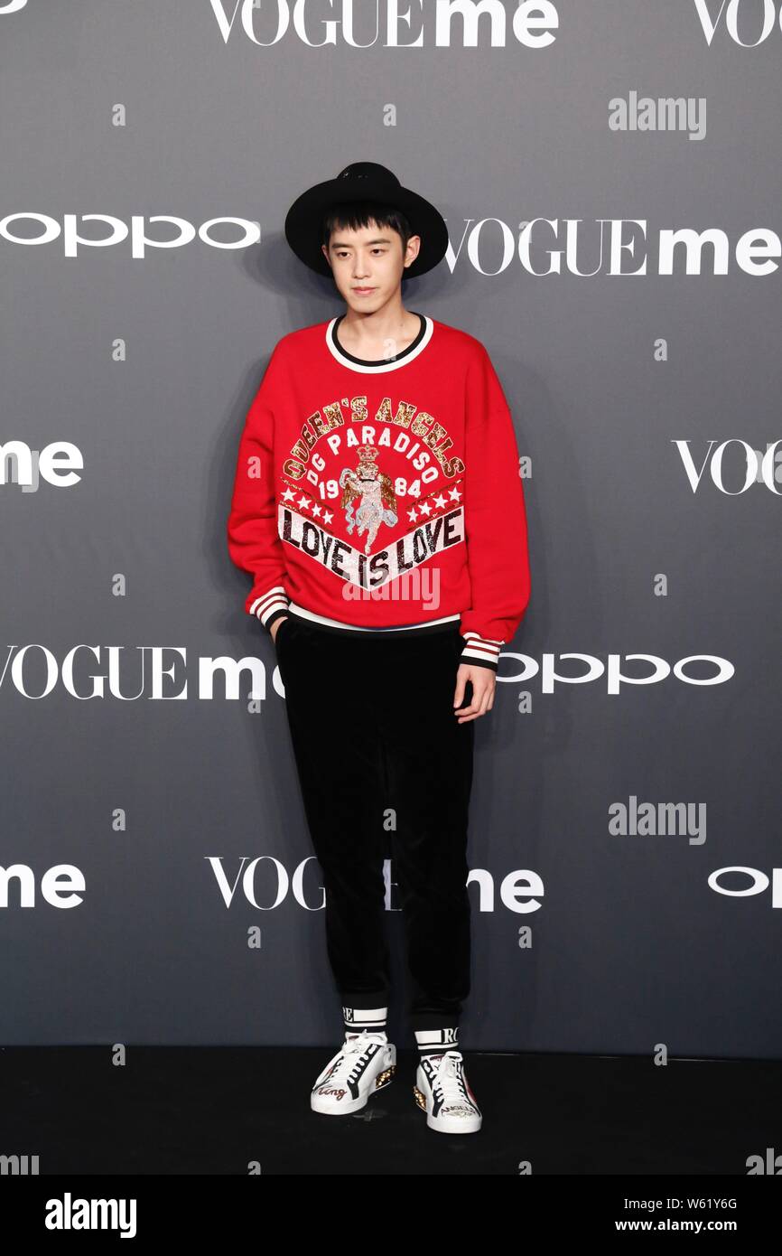 Chinese actor Connor Leong or Liang Jingkang of the new lineup of Chinese boy group F4 arrives for Vogue Me 2018 Flashing Night in Beijing, China, Oct Stock Photo