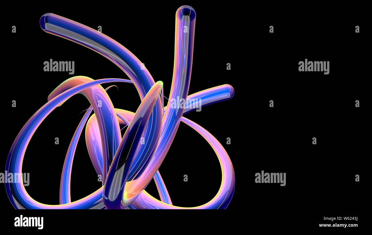 5 thick blue, pink, yellow and green lines in motion with interlaced reflective surface creating a knot on a black background. 3D Illustration Stock Photo