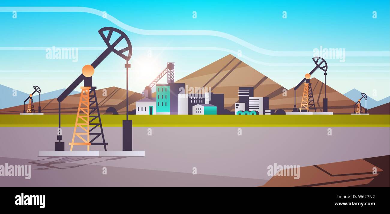 oil pump rig energy industrial zone oil drilling fossil fuels production concept flat mountains sunset background horizontal Stock Vector