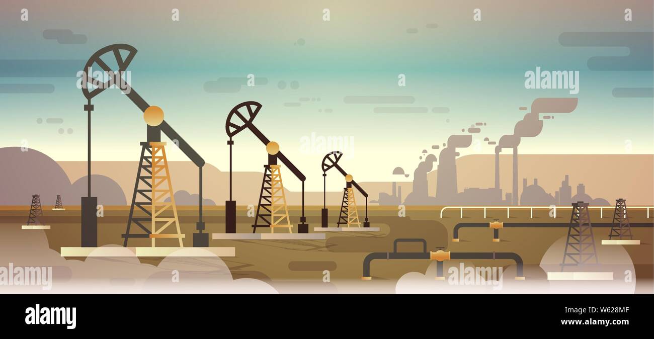 oil pump rig energy industrial zone oil drilling fossil fuels production nature pollution dirty waste polluted environment concept mountains sunset Stock Vector