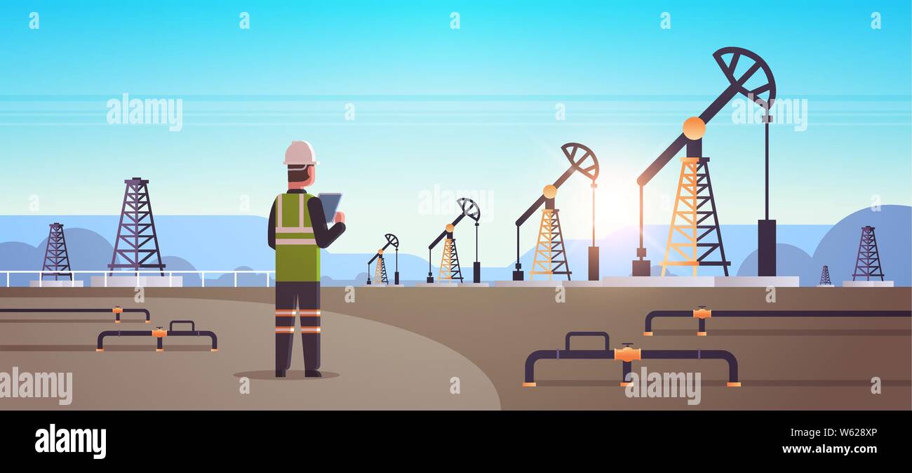 male engineer refinery worker using tablet oil pump rig energy industrial zone oil drilling fossil fuels production concept flat mountains sunset Stock Vector