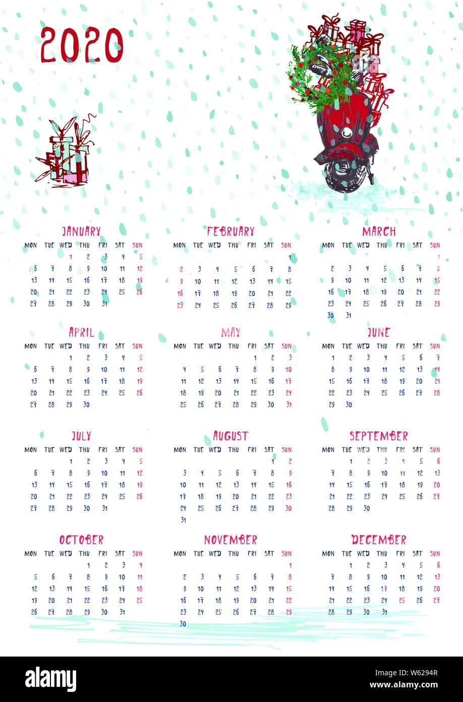 2020 Calendar planner whith red christmas car, new year tree and celebrateted gifts. Xmas theme Week starts on Monday. Scale A4 dimension Printable Wa Stock Vector