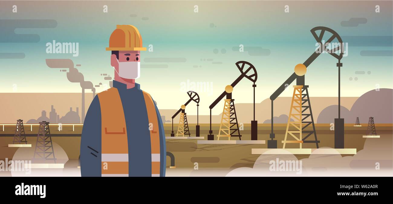 male engineer refinery worker in mask working on oil pump rig energy industrial zone oil drilling fossil fuels production nature pollution concept Stock Vector