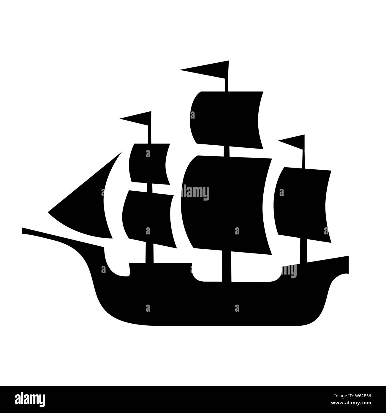 Ancient sailboat, medieval caravel, pirate ship, navigate vessel (vector silhouette). Stock Vector