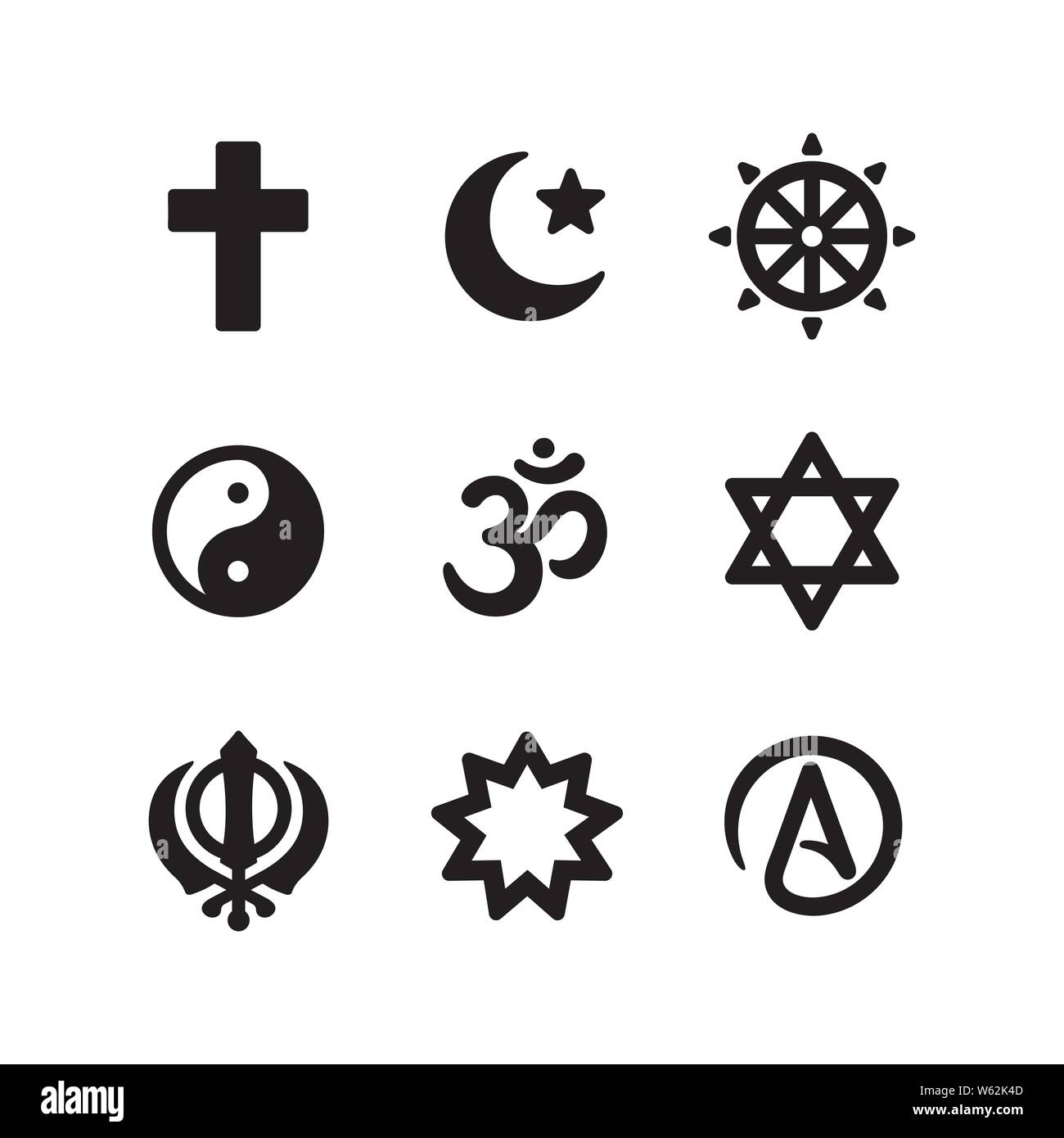 Icon set of religious symbols. Christianity, Islam, Buddhism, other main world religions and Atheism sign, simple and modern minimal style. Vector pic Stock Vector