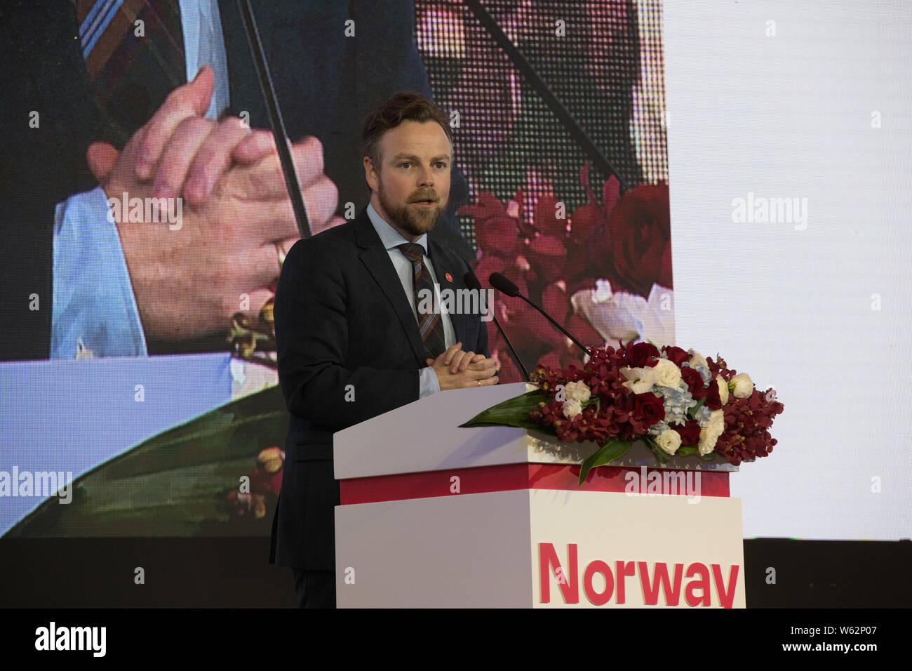 Torbjorn Roe Isaksen, Minister of Trade and Industry of Norway, speaks during the Norway-China Business Summit 2018: Pioneering sustainable solutions Stock Photo
