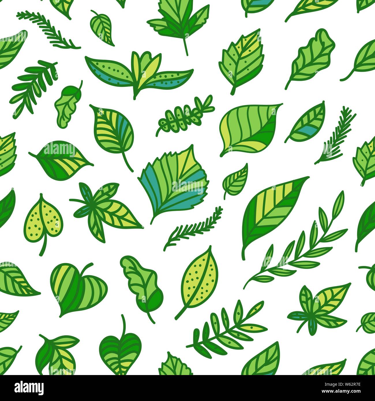 Seamless pattern Green leaf hand drawn texture isolated on white background. Eco surface design Stock Vector