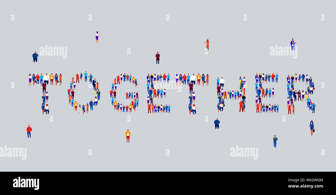 businesspeople crowd gathering in shape of together word different ...