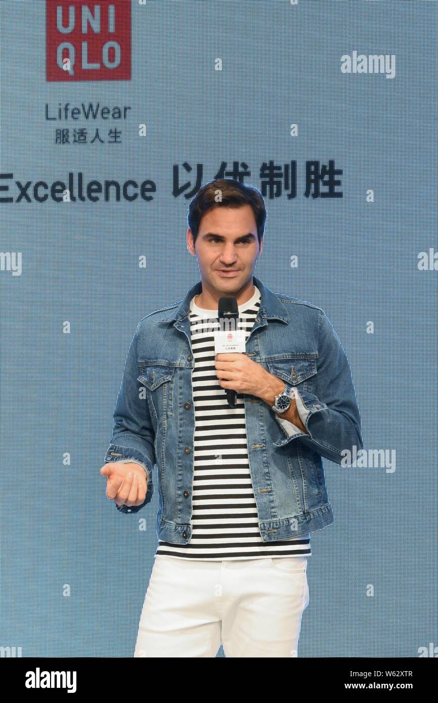 Swiss tennis star Roger Federer attends a promotional event by Japanese fashion brand UNIQLO in