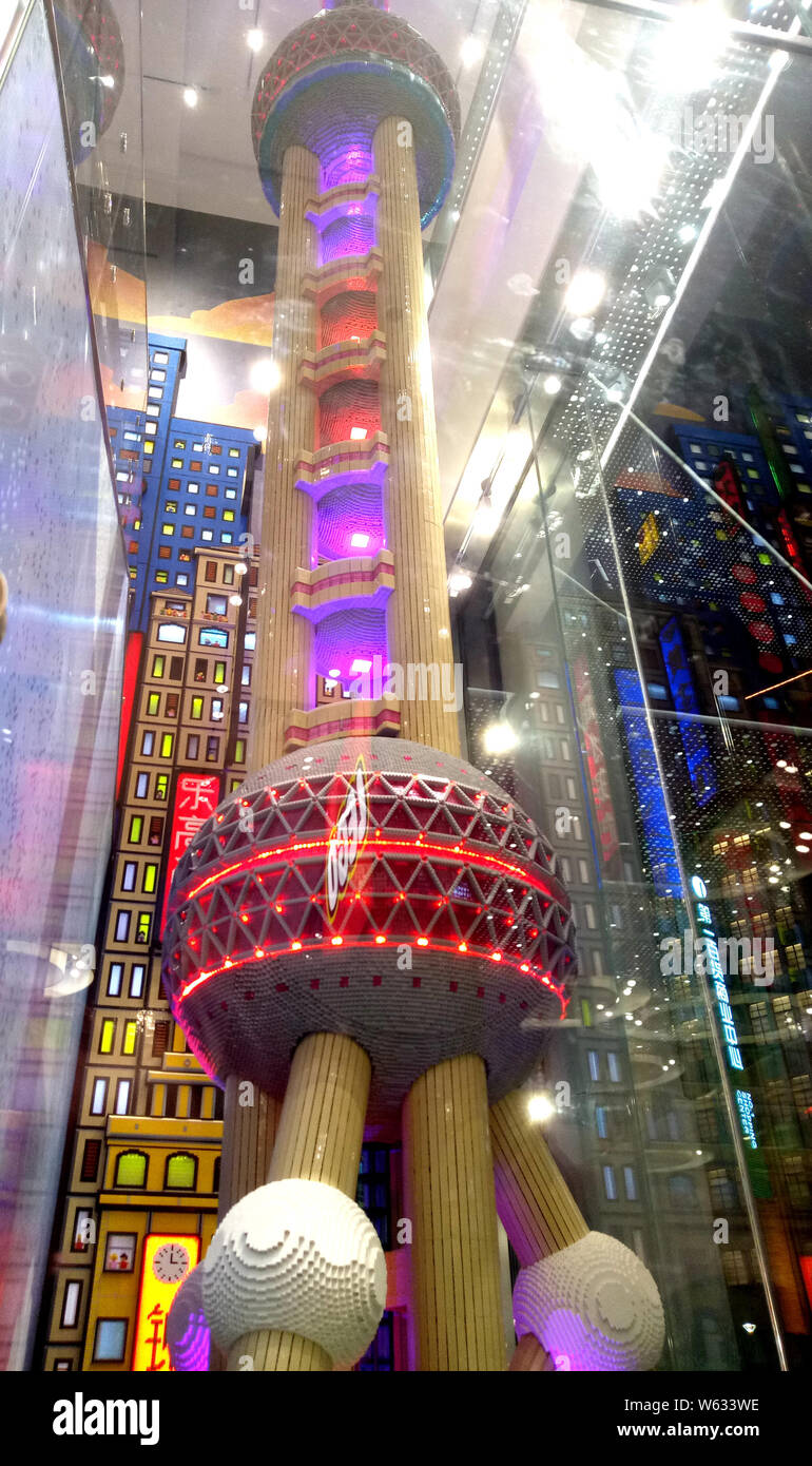View of a Lego model of the Oriental Pearl TV Tower on display at the Lego Flagship store at Shanghai ShiMao Festival City in People s Square in Shang Stock Photo Alamy