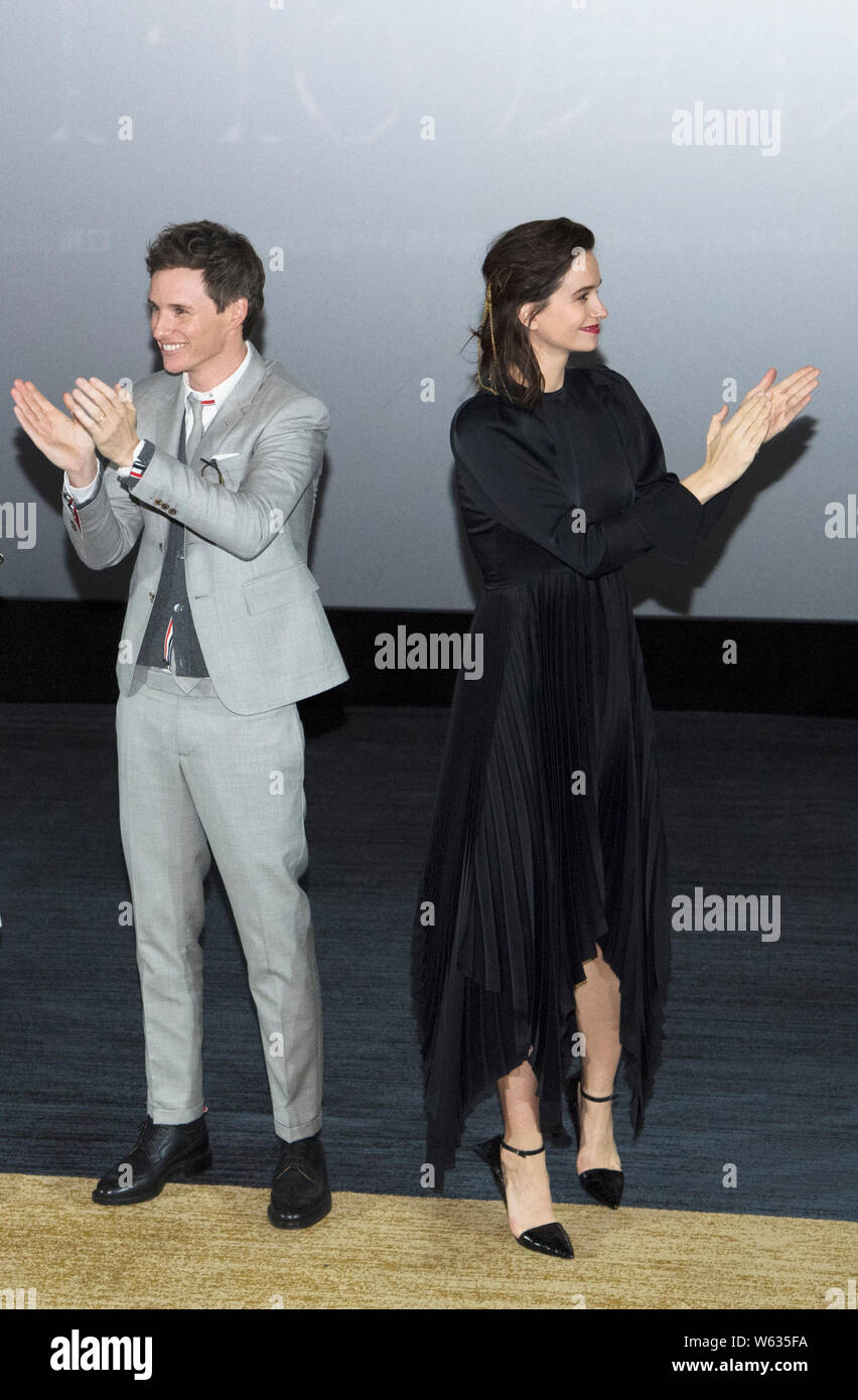 English actor Eddie Redmayne, left, and American actress Katherine Waterston attend a fan meeting event for the movie 'Fantastic Beasts: The Crimes of Stock Photo